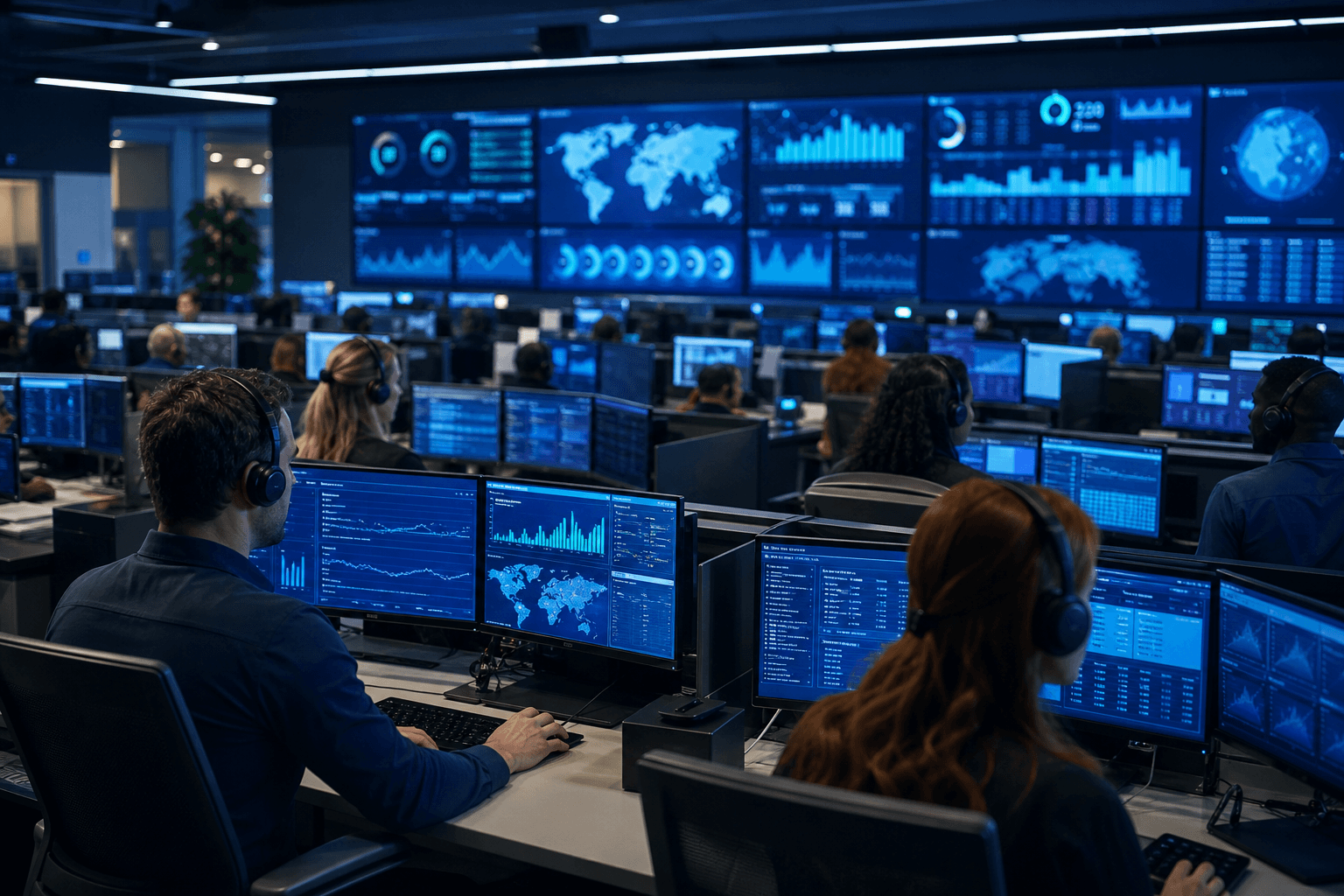 A large enterprise contact-center operations floor with agents and a wall of real-time KPI dashboards