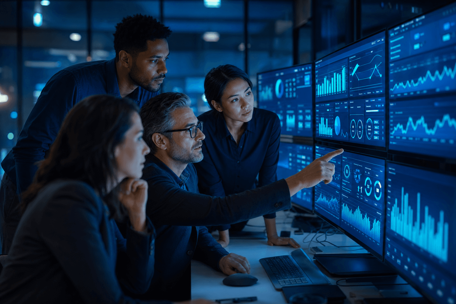 A senior technical team reviewing real-time Genesys KPI dashboards together