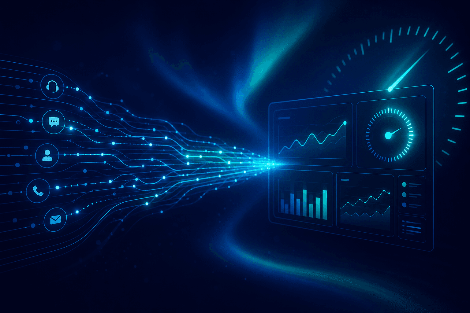 Real-time Genesys event streams converging into a live KPI dashboard with a sub-second latency dial