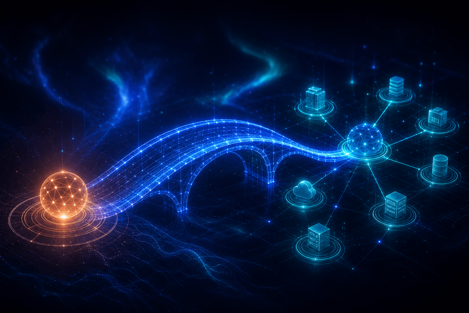 A luminous bridge of light connecting a Genesys source to a constellation of enterprise destination systems
