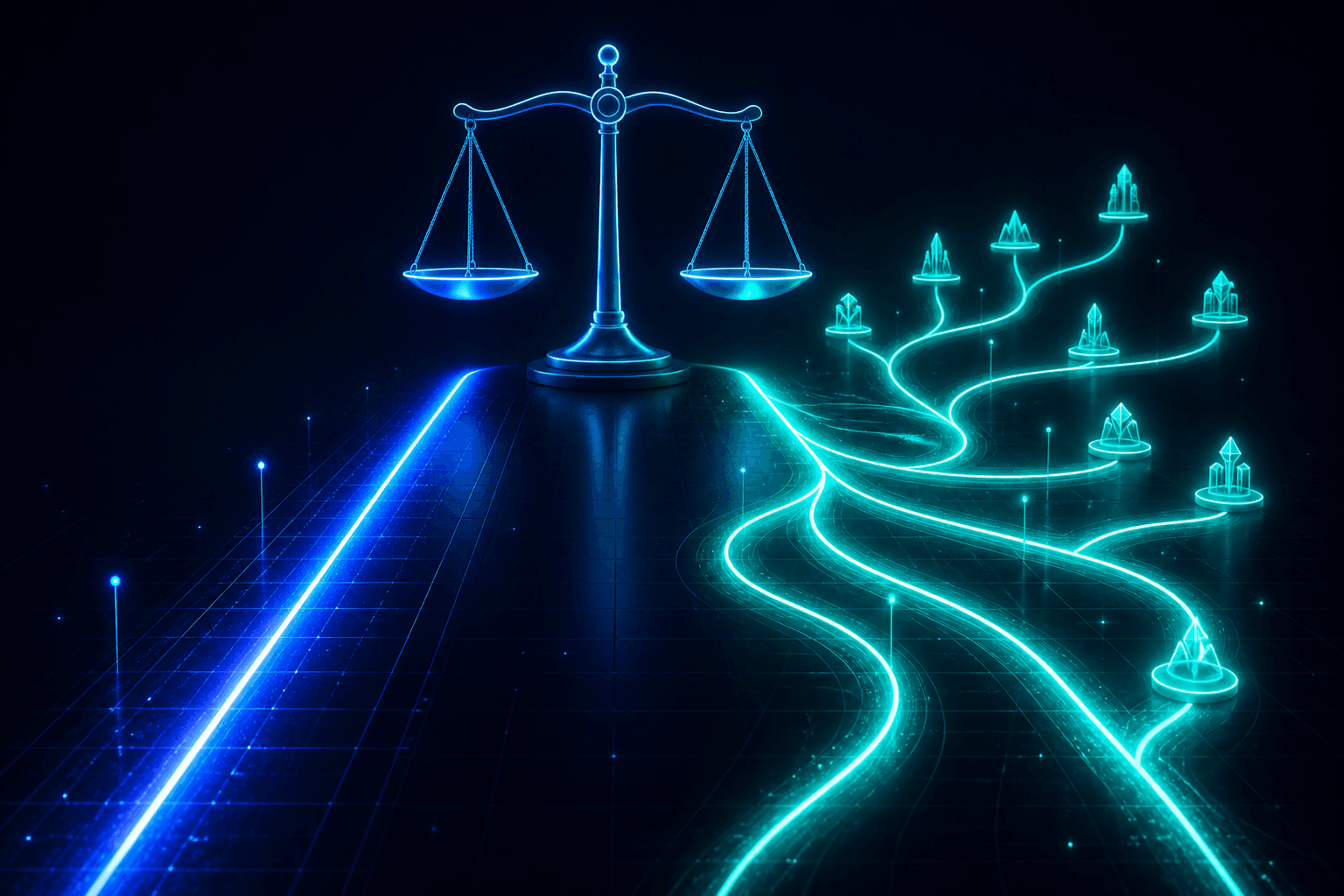 A single narrow path on one side and a branching multi-destination path on the other, weighed in balance