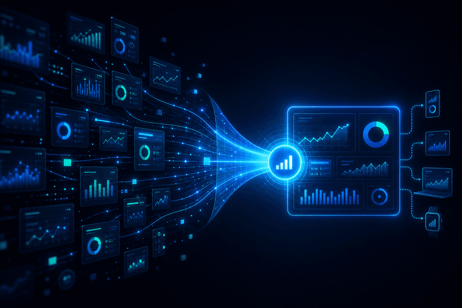 Scattered, conflicting dashboards converging into one unified KPI source of truth